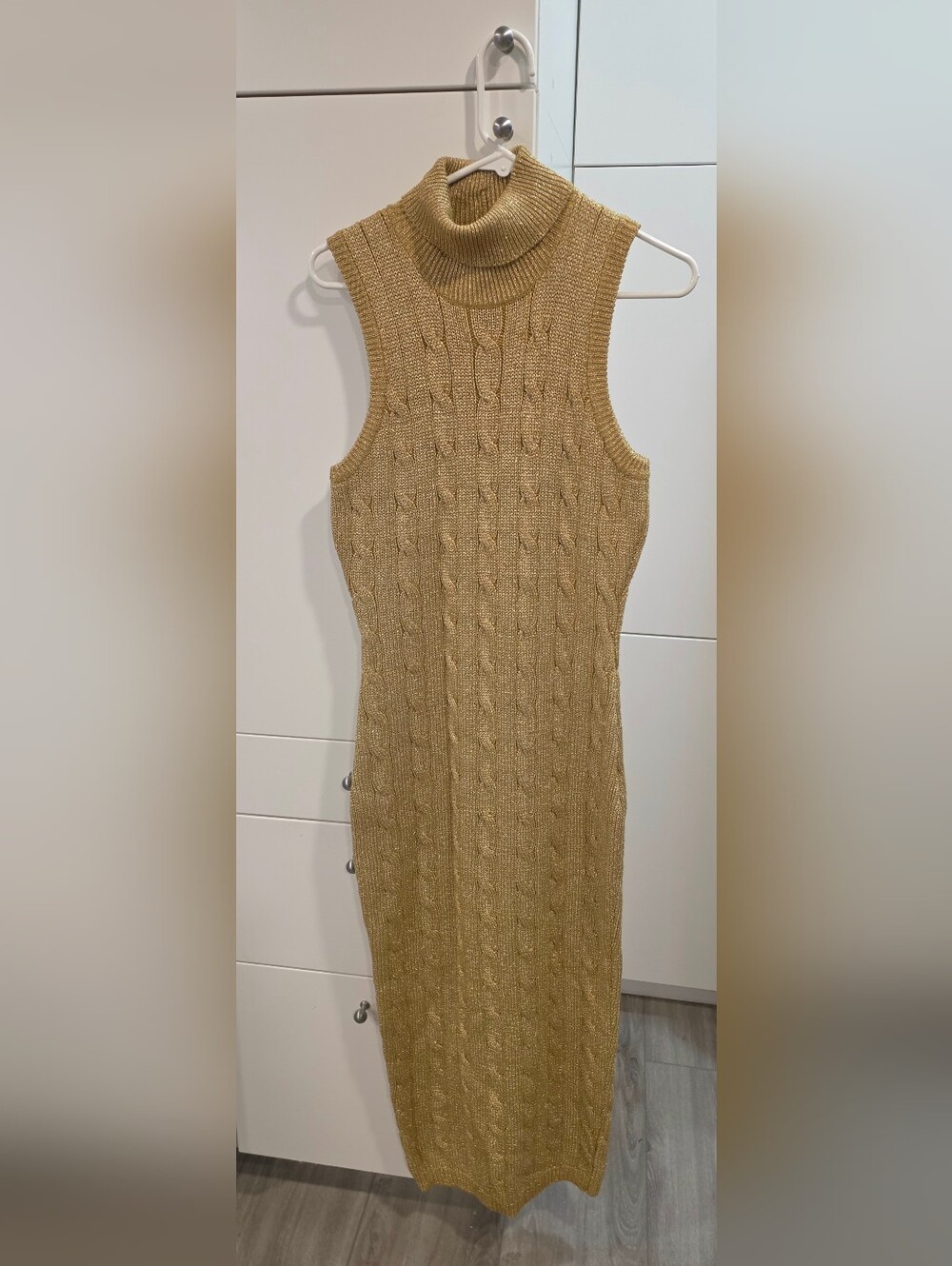Vintage 90s Andrea Jovine Metallic Gold Cable Knit Turtleneck Midi Dress L NWT